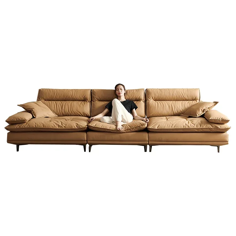 

Japanese-style wabi-sabi leather sofa, modern simple straight row three or four-person sofa combination, super