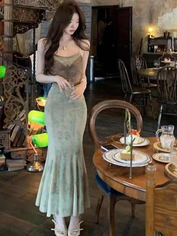 فستان صيفي طويل مطبوع عليه ريترو Dr للسيدات من Sli Chic Strapl بخصر عالٍ Ins Sle على شكل حرف A ميدي Dr بدون Sl... #2