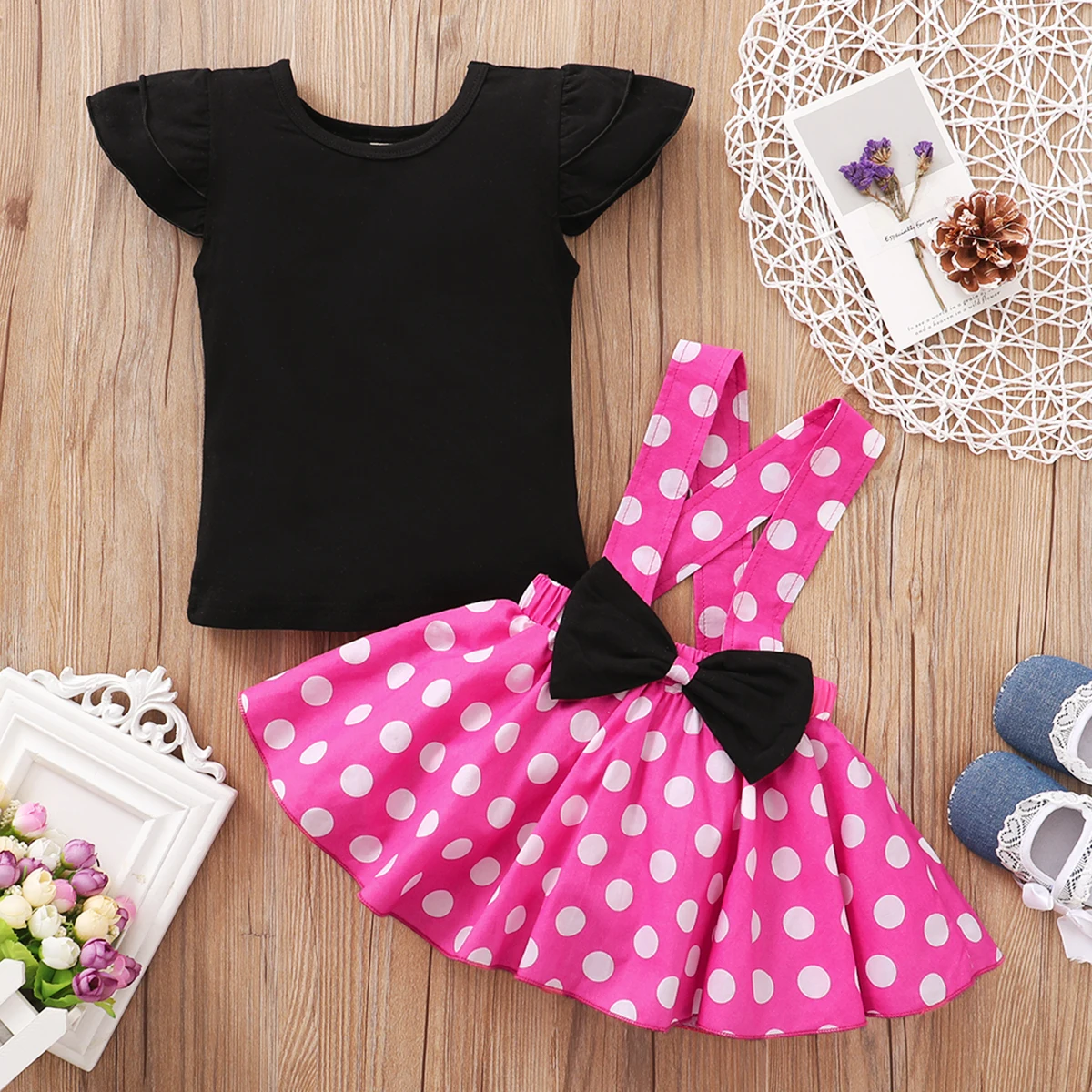 Toddler 1-5 Year Old Girl Round Neck Flying Sleeve Top+Dot Bow Strap Skirt Piece Suitable for Travel and Travel Girl Summer Set