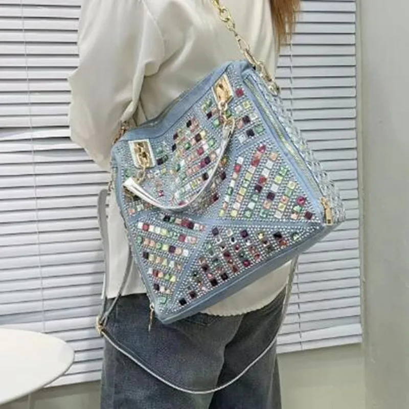 Bucket bag Denim jean casual women handbags designer shoulder bags rhinestone decorative womens messenger bag totes