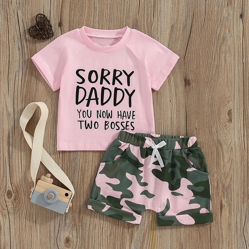 Mandizy Toddler Baby Girl Summer Clothes 2T 3T 4T 5T Kids Girl Short Sleeve Letter Print Shirt Tops Camo Shorts Set Outfit