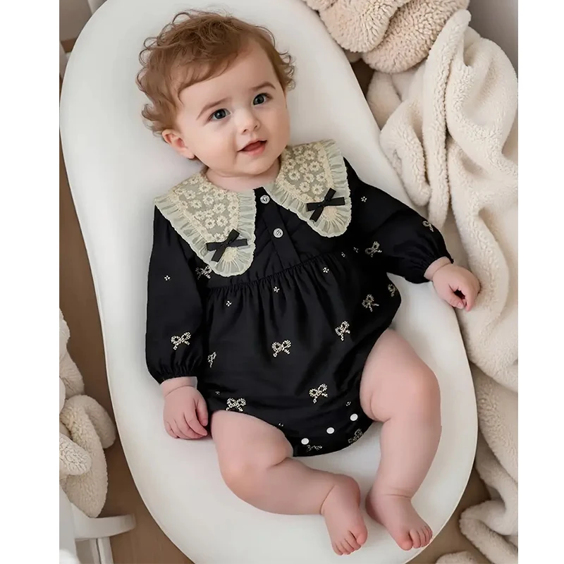 Baby Herbst Gestickte Schleife Revers Langarm Dreieck Overall Mädchen Baby Süße Nette Overall mit Schleife Kleinkinder Baby Kleidung