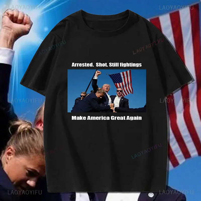 T-shirt de manga curta de colar redondo para homens, feita de algodão, casual, fashion, com número de pessoas, com design donald trump