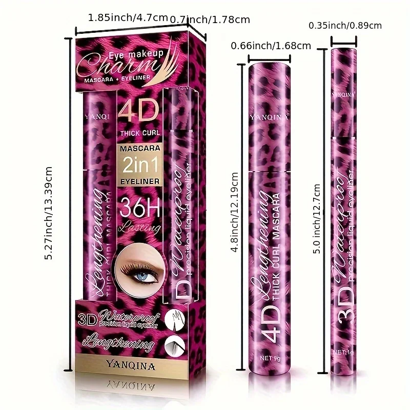 Waterproof Mascara and Eyeliner Set for Curling Holding Thicker Lashes Leopard Print Packaging All Skin Types
