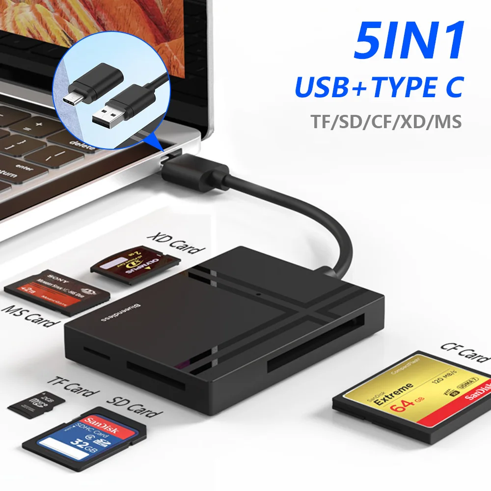 5 in 1 Card Reader USB 3.0/USB-C to CF/SD/TF/MS/XD OTG Multi-functional  Smart Card Reader Adapter For iPhone17 16 iPad Android