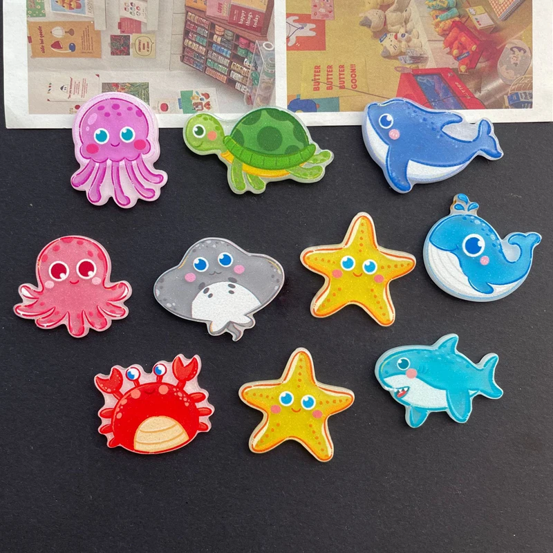 10Pcs New Acrylic Little turtle, crab Cute Cartoon Anime ocean Series Clip Book DIY Fashion Hairpin Decoration Crafts