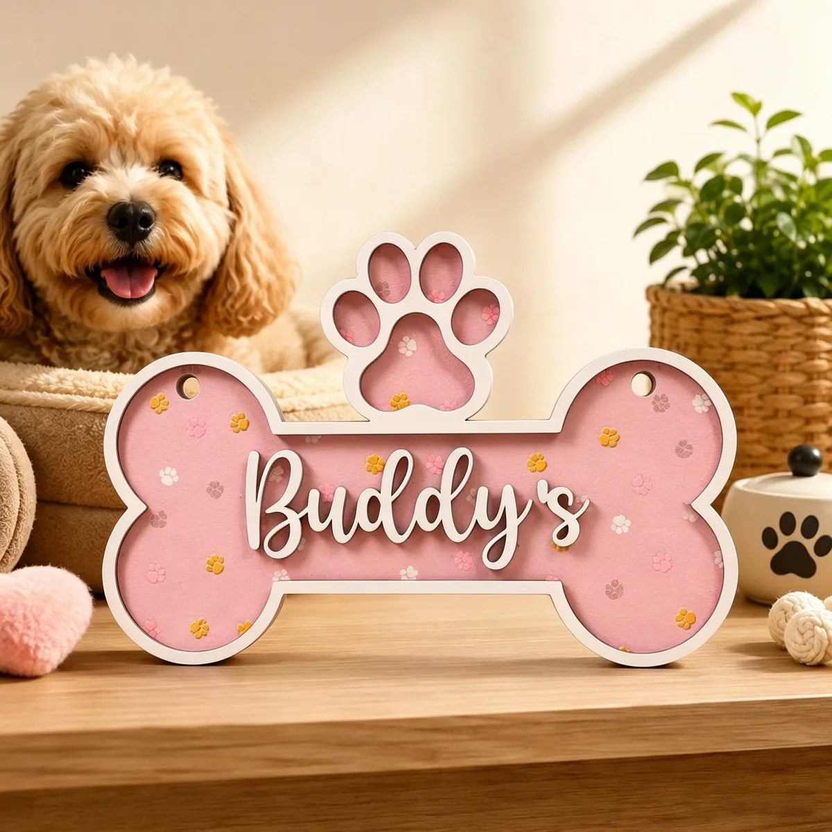1Pc Personalized Dog Bone Wooden Name Sign Custom Pet Name Paw Print Wood Plaque Dog House Door Wall Decor Pet Lover Gift