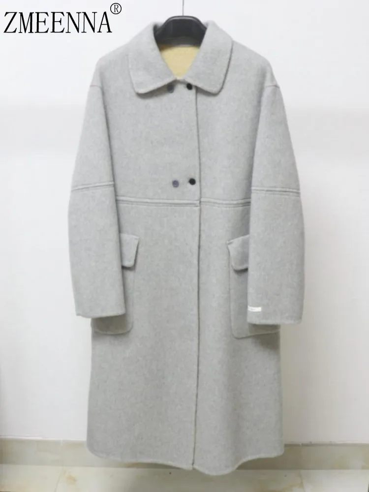 

ZMEENNA Women's Elegant Light Gray Wool Coat Single Breasted Long Line Patch Pockets Minimalist Outerwear ZM4221