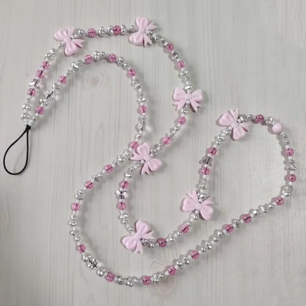 HERLOOK Pink Bowknot Phone Charm Y2K Accessories Chain Beads Mobile Lanyard 125cm Long String for Cell Phones