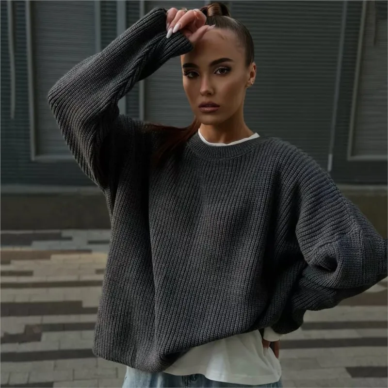 

Solid Color Cozy Pullover for Plus Size 2025 Women Casual Daily Wear Trendy Oversized Chunky Knit Crew Neck Sweater