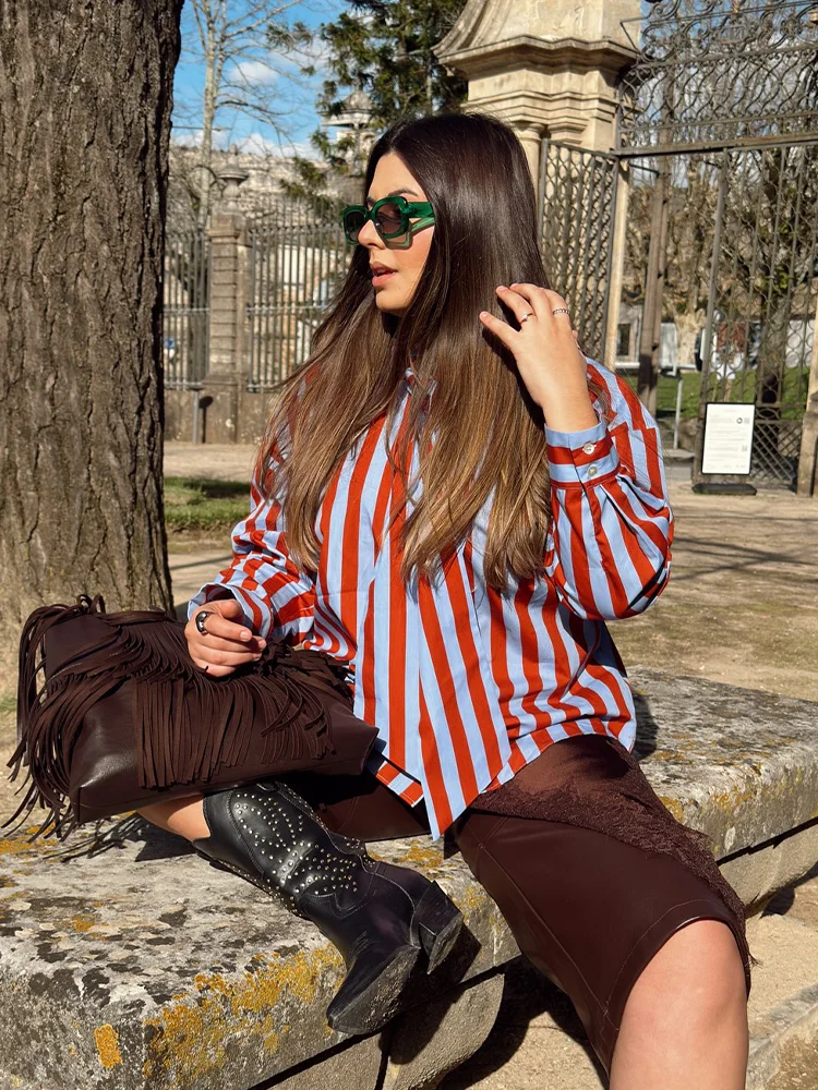 

HH Women's Spring Fashion Retro Versatile Bow Striped Shirt Female Elegant High Street Casual Single Breasted Long Sleeve Shirt