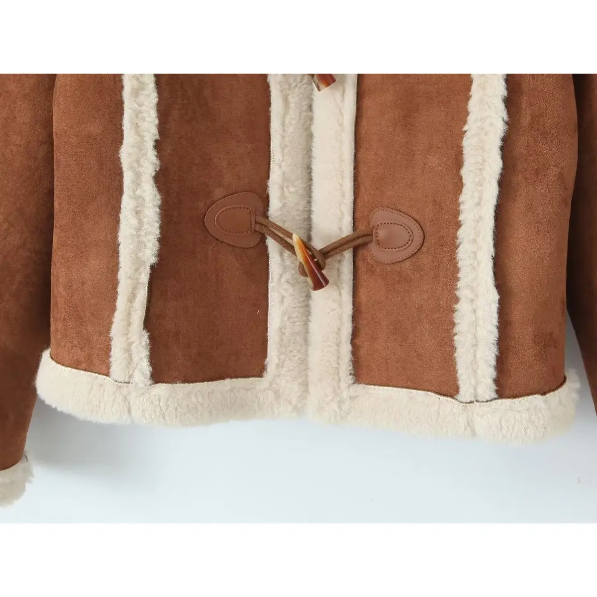 Faionable الرجعية الجلد المدبوغ لامب الفراء Jaet مع زر التفاصيل البوليستر النسيج طويل Sve معطف السيدات Sli الخريف وصول جديد #3