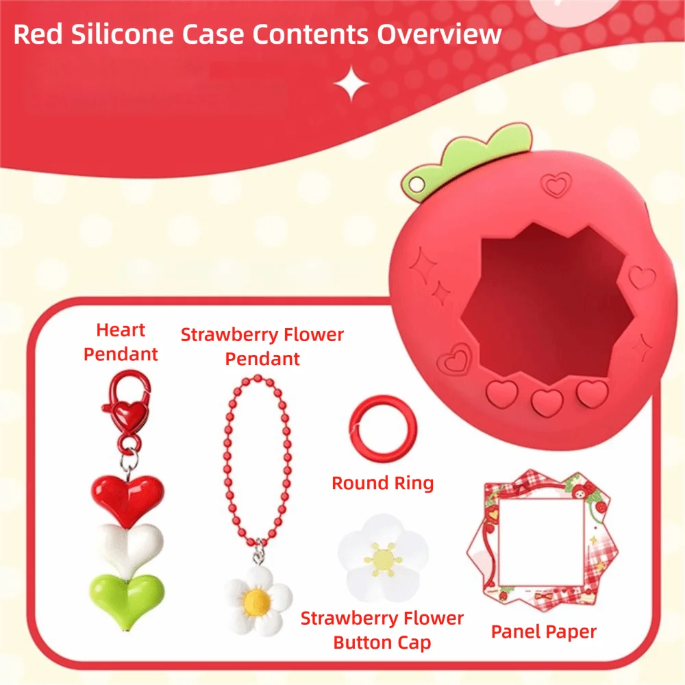 

Silicone Protective Cover Knob Cover Red Pink Strawberry Protective Shell with Panel Paper Pendant for Tamagotchi Paradise Uni
