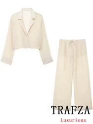 TRAFZA Vintage Office Lady Solid Women Suit V Neck Single Breasted Blazer Straight Loose Pants New Fashion 2024 Summer Sets