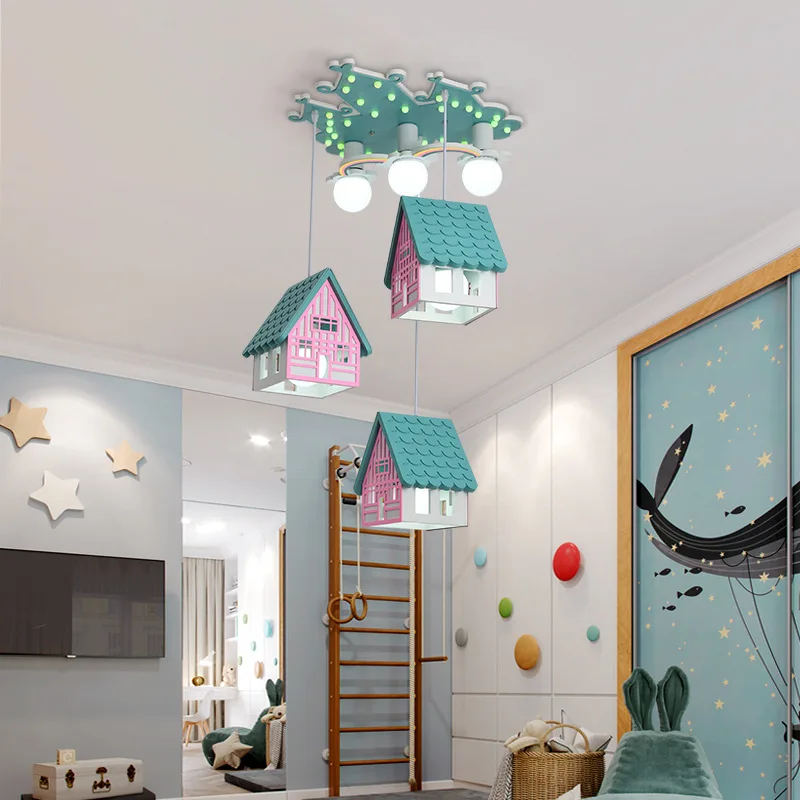 House Chandelier Children's Bedroom Girls Boys Room Study Pendant Lamp Pink Green Ceiling Lighting Christmas Decorations