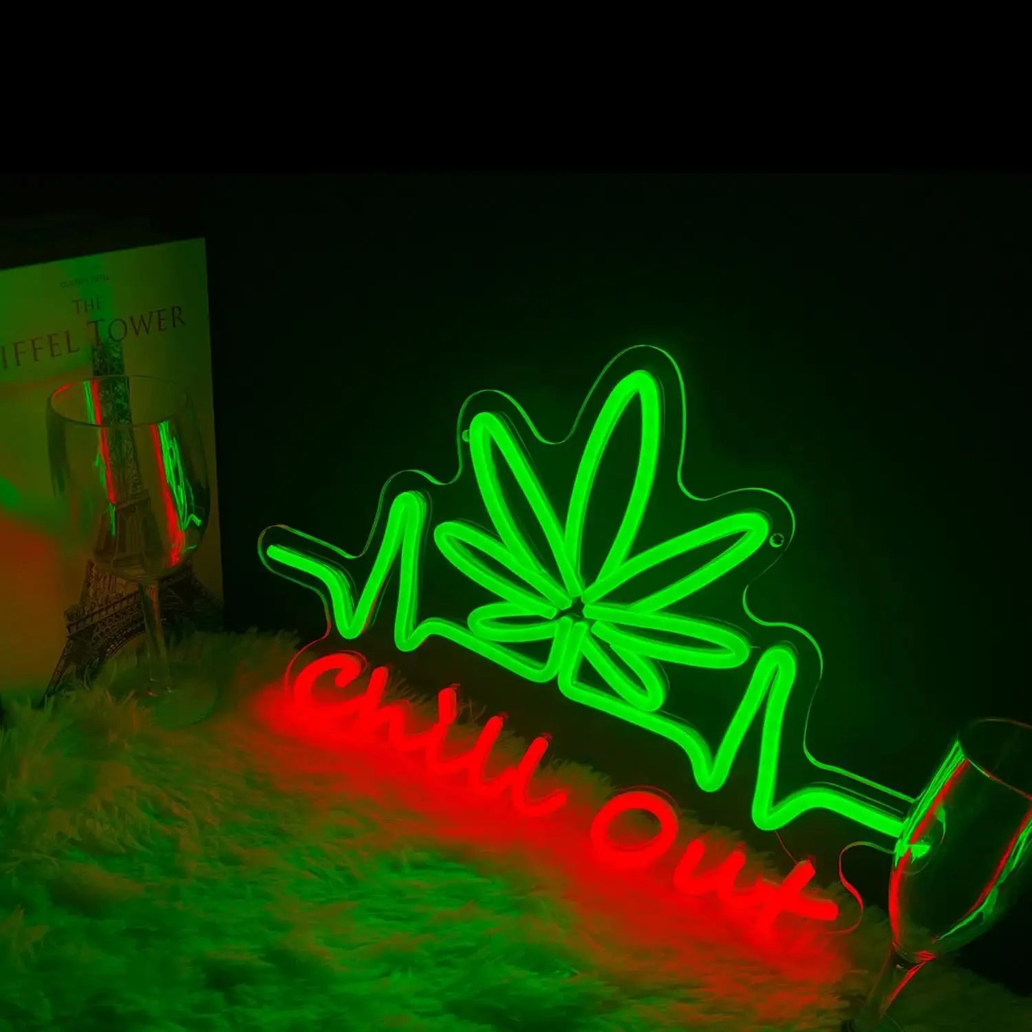 Chill Out Neon Signs for Wall Decor,Green Leaf Led Signs Neon Bar Signs for Bedroom Game Room Party Bar Decor Gift USB Dimmable