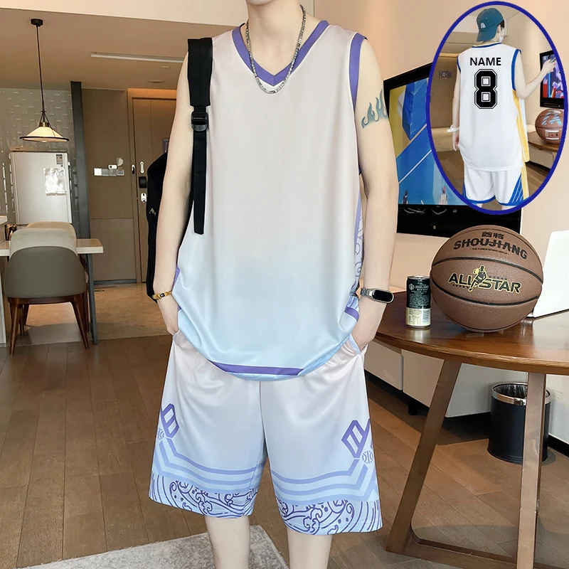 

Men's Running Fitn Baskeall Sports Ice Silk T-irt And Blue Porcelain Patterned Vest Casual Leisure Sportswear Set