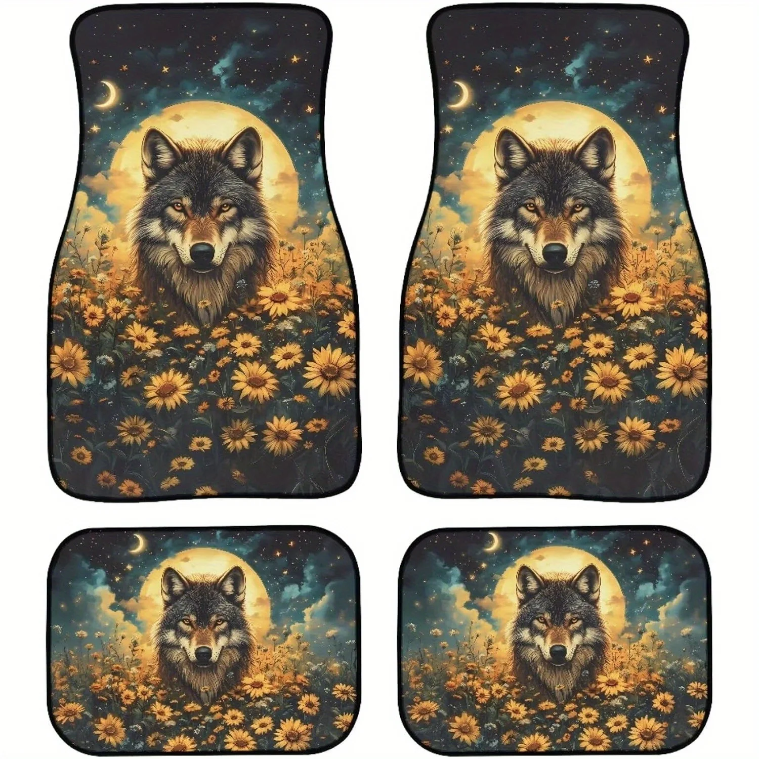4pcs Wolf Sunflowers Moon Car Floor Mats Front & Rear Floor Mats For Cars Truck SUV Waterproof Anti-Slip Universal Fit Full Set,
