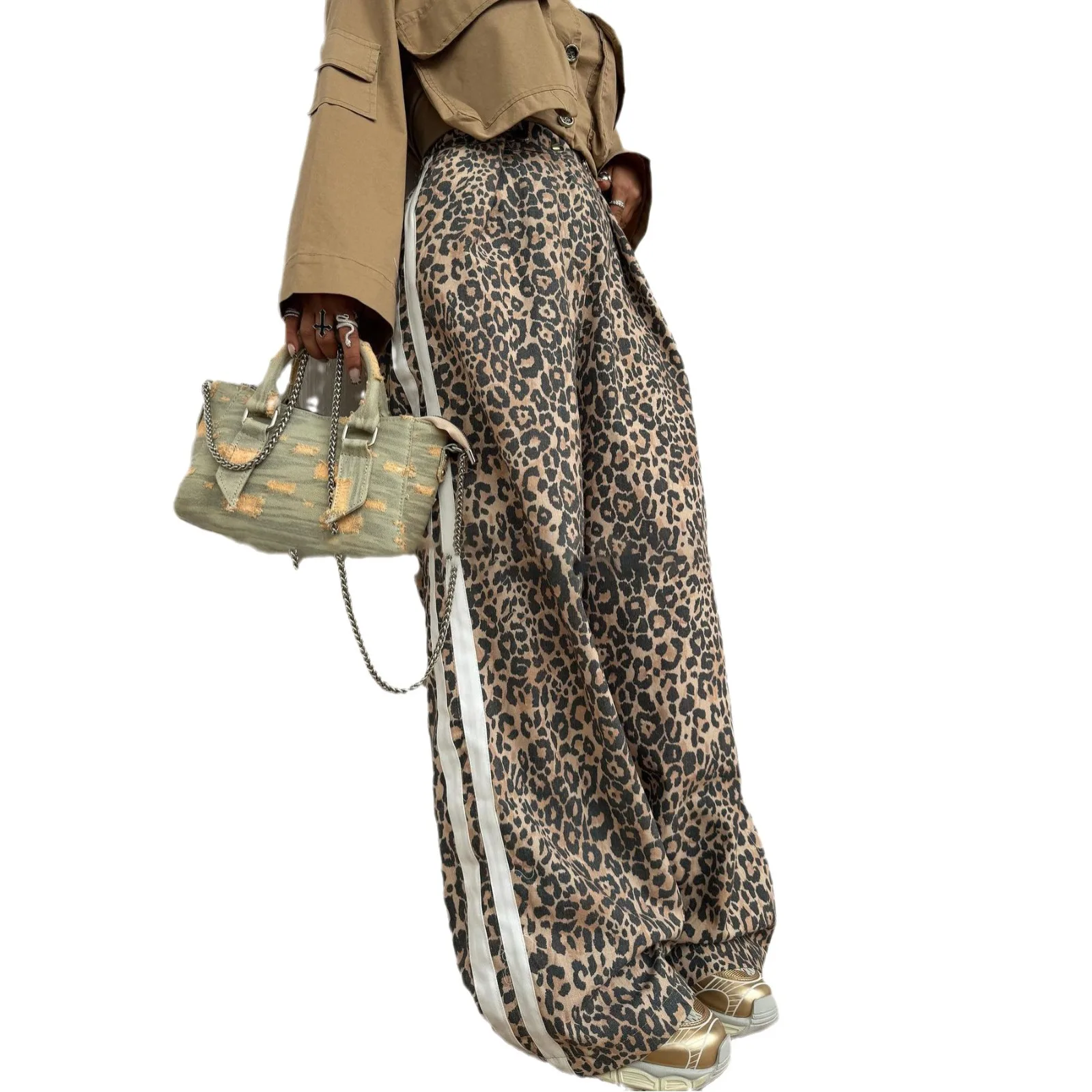 2025 Summer New High-end Leopard Print Patchwork Striped Floor Length Casual Pants for Women