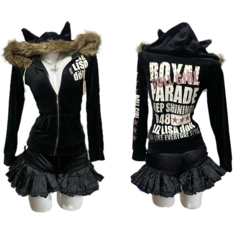Y2k American Vintage Gothic Zip Up Hoodies 2000s Long Sleeve Subculture Hooded Sweatshirt Harajuku Print Winter Slim Coat Chic