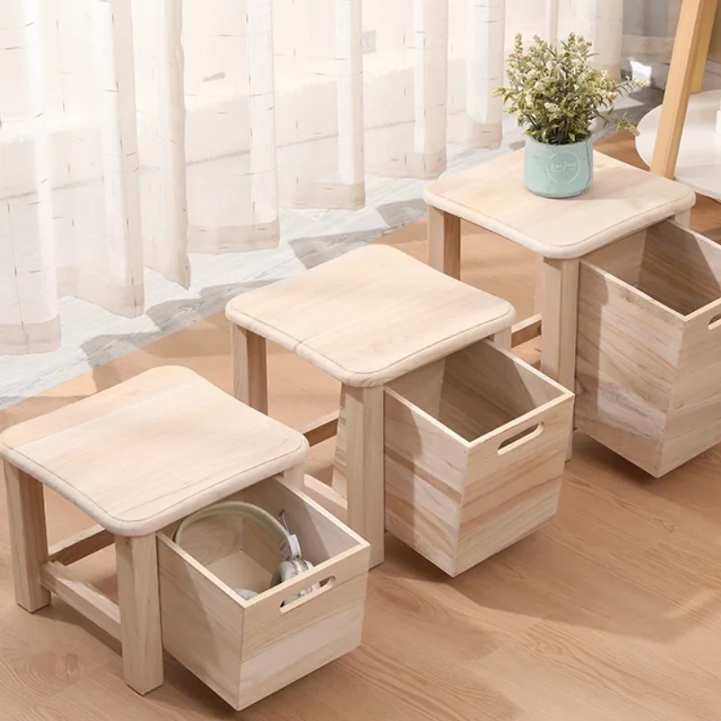 

Nordic Square Storage Stool with Drawer Entrance Hallway Bench Bedside Low Table Ottoman Solid Wood Furniture Functional