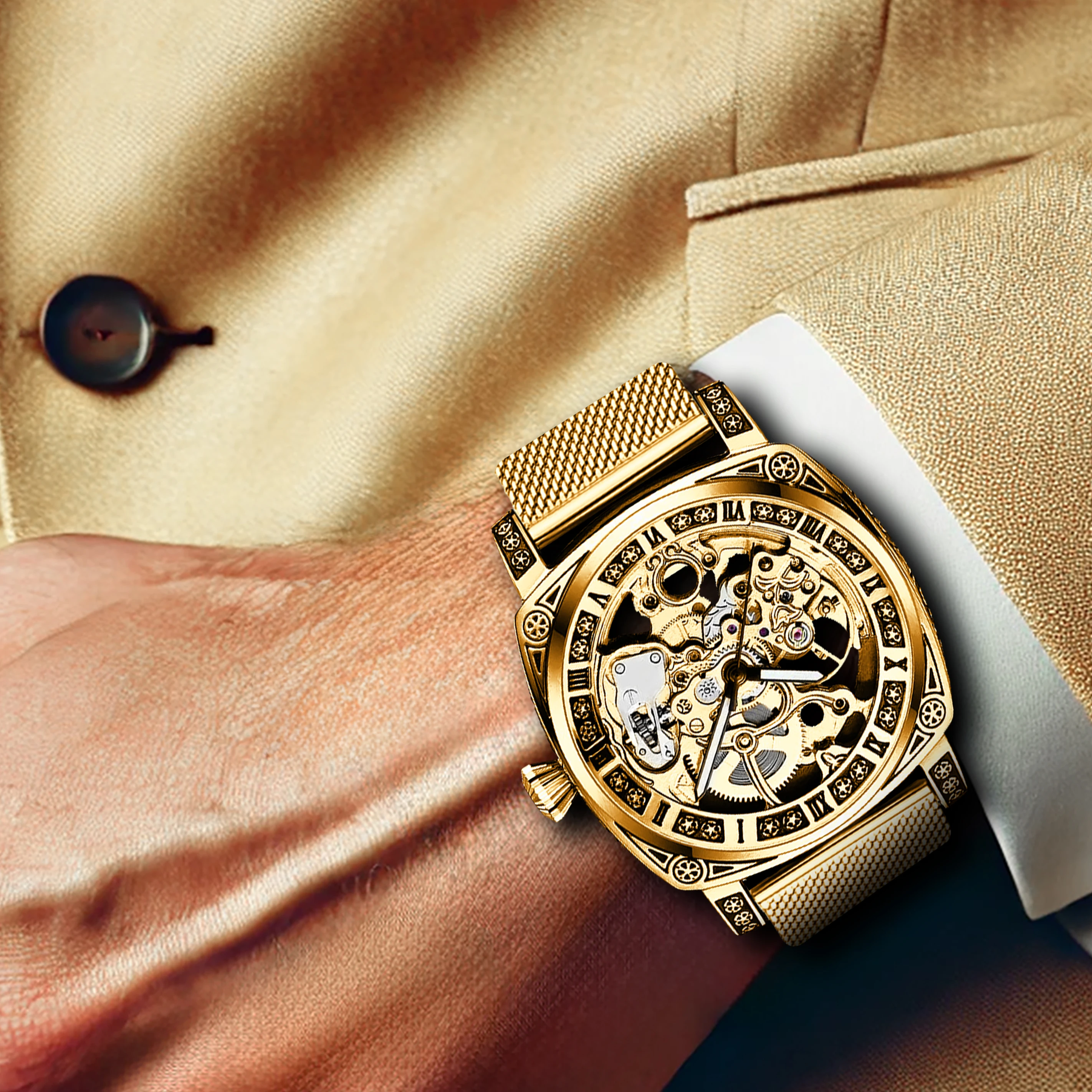 New men\'s watch with hollowed out carving design, high-end fashion disc gold mesh belt, men\'s fully automatic mechanical watch