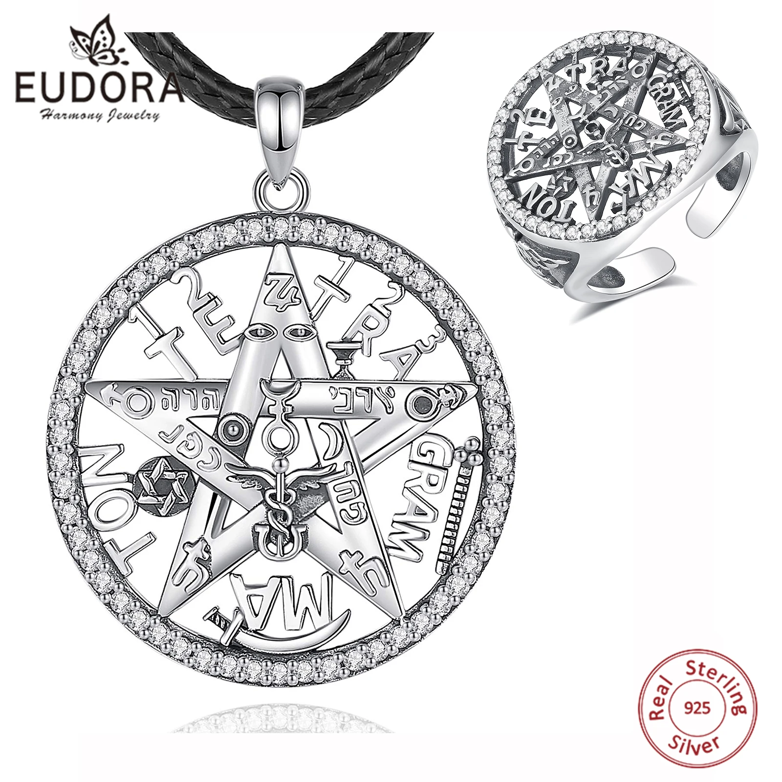 Eudora 925 Sterling Silver Pentagram Adjustable Ring & Necklace Guardian Star Tetragrammaton Amulet Jewelry Set for Man Women