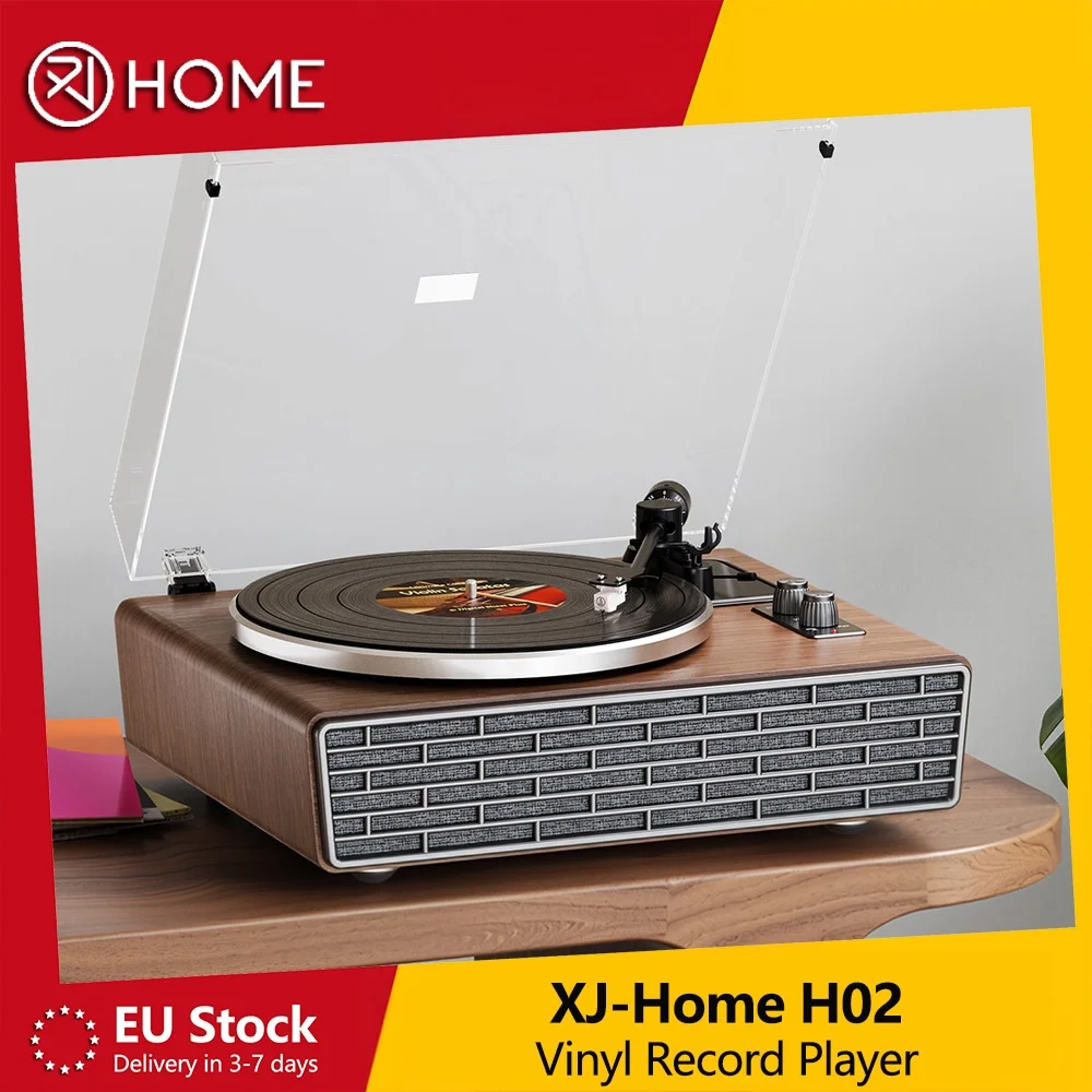 XJ-HOME H02 Vinyl-Plattenspieler mit eingebauten Lautsprechern, All-in-One Vintage-Plattenspieler, Bluetooth, Phono-Vorverstärker, AT-3600L Tonabnehmer, 33/45 U/min