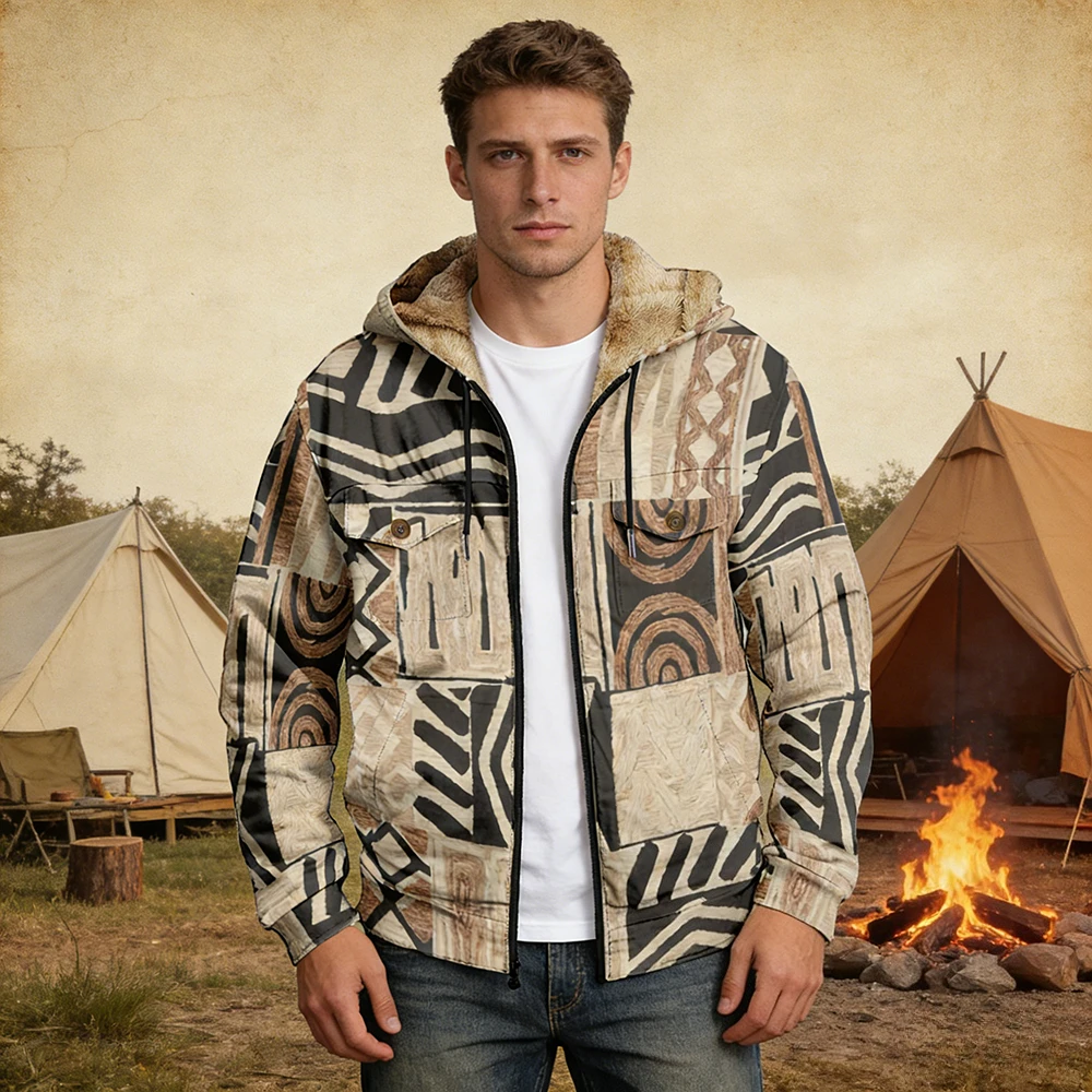 

Мужская куртка с геометрическим абстрактным принтом, на флисовой подкладке, с капюшоном, в стиле ретро, уличная одежда, на молнии, с карманами, теплая зимняя повседневная верхняя одежда