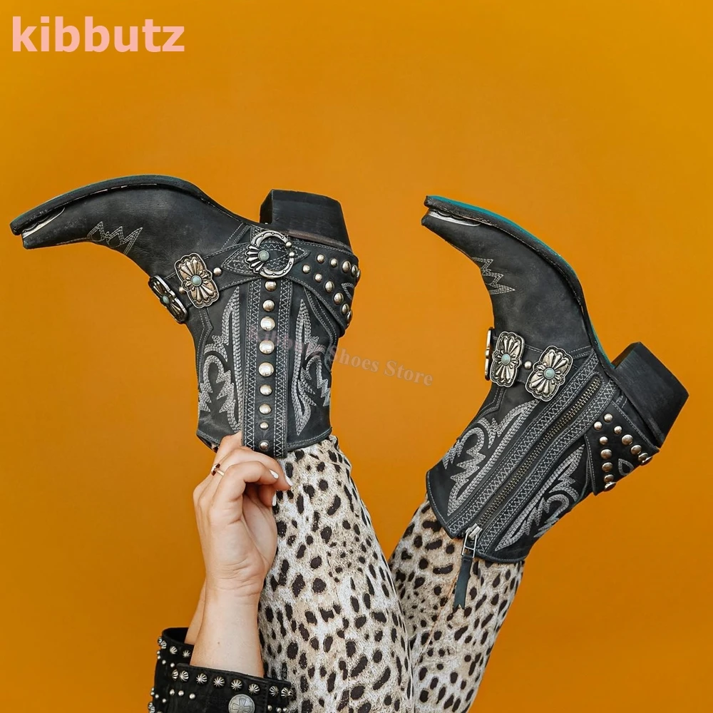 

Rivet Cowboy Ankle Boots Belt Buckle Pointed Toe Square Heels Genuine Leather Side Zippers Fashion Luxury Concise Sexy Shoes New