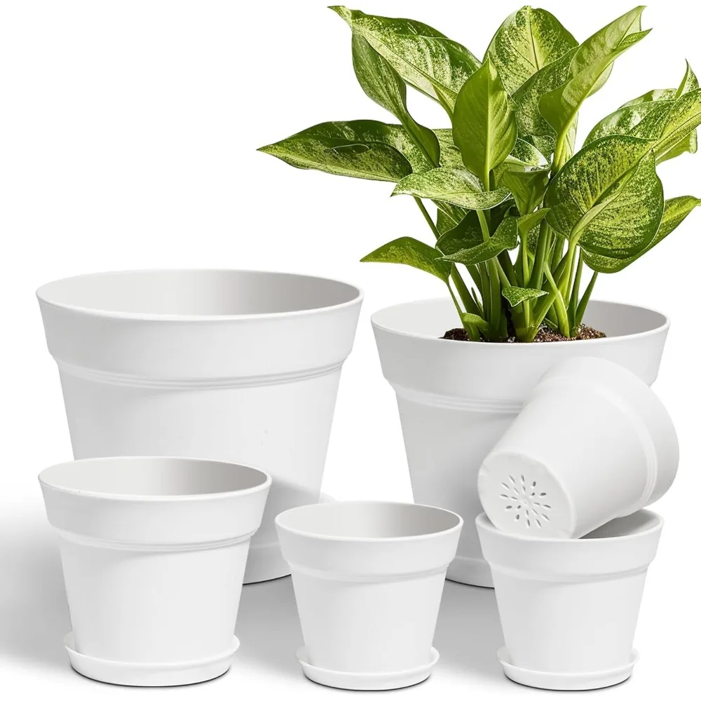 

Plant Pots 4/5/6/7 Inches Set of 6, Flower Pots for Indoor Plants, Plastic Pots for Plants with Mesh Drainage Hole and Sauce