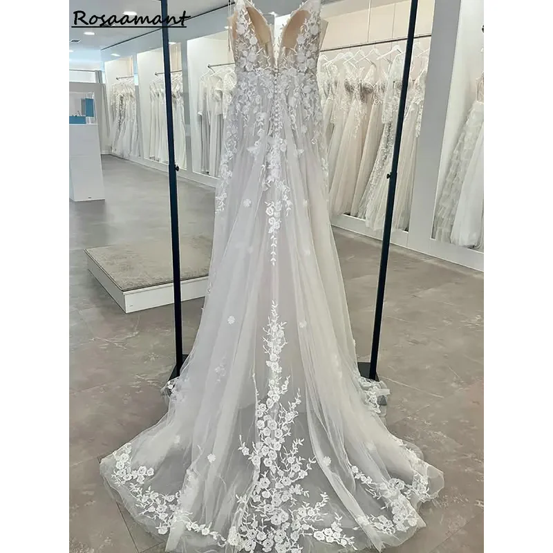 Gaun pengantin A-line V-back tali spaghetti elegan ilustrasi gaun pengantin renda applique bunga vestidos
