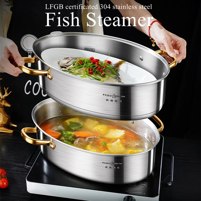 LFGB Certificate 304 Stainless Steel Fish Steamer 2 Layers 38cm Family Kitchen Steaming Pot Bolier with Transparency Cover