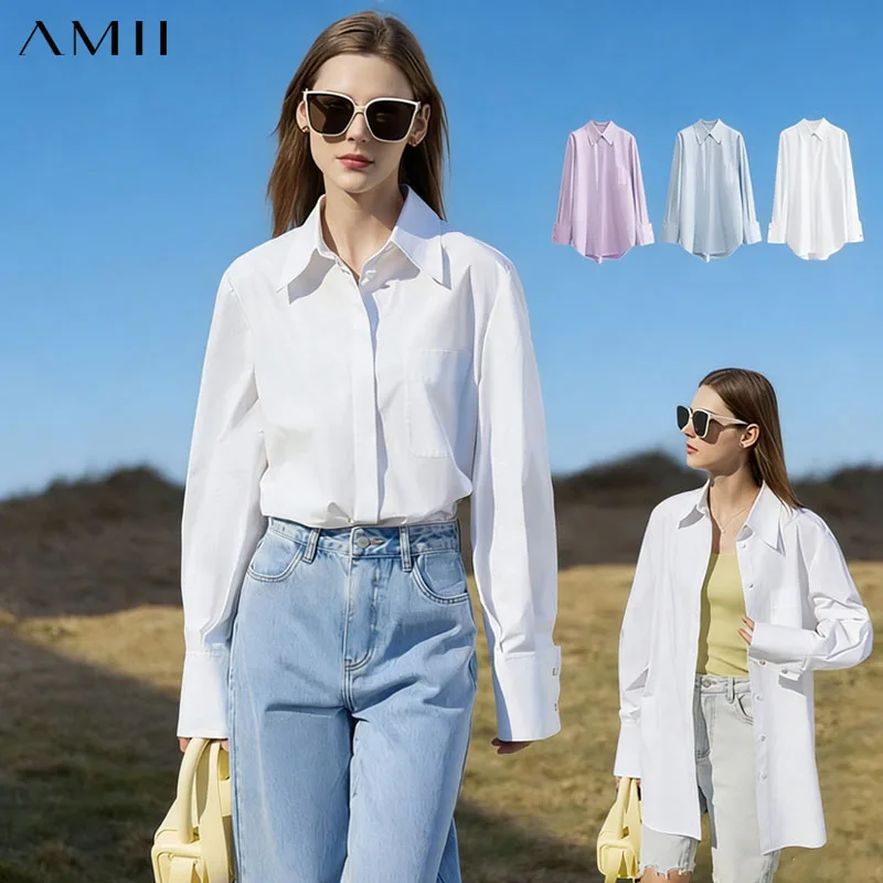 

AMII Minimalist Women's Shirt Casual 2025 Autumn Elegant Solid 100% Cotton Shirts Female Office Versatile Clothing Tops 12371499