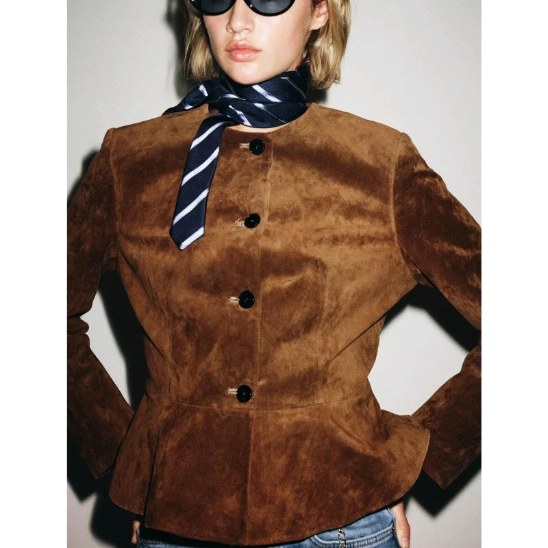 Jesienno-zimowy nowy damski płaszcz w stylu amerykańskim, okrągły dekolt, skóra PU, długi rękaw, krój A, obszycie z poliestru, styl vintage.