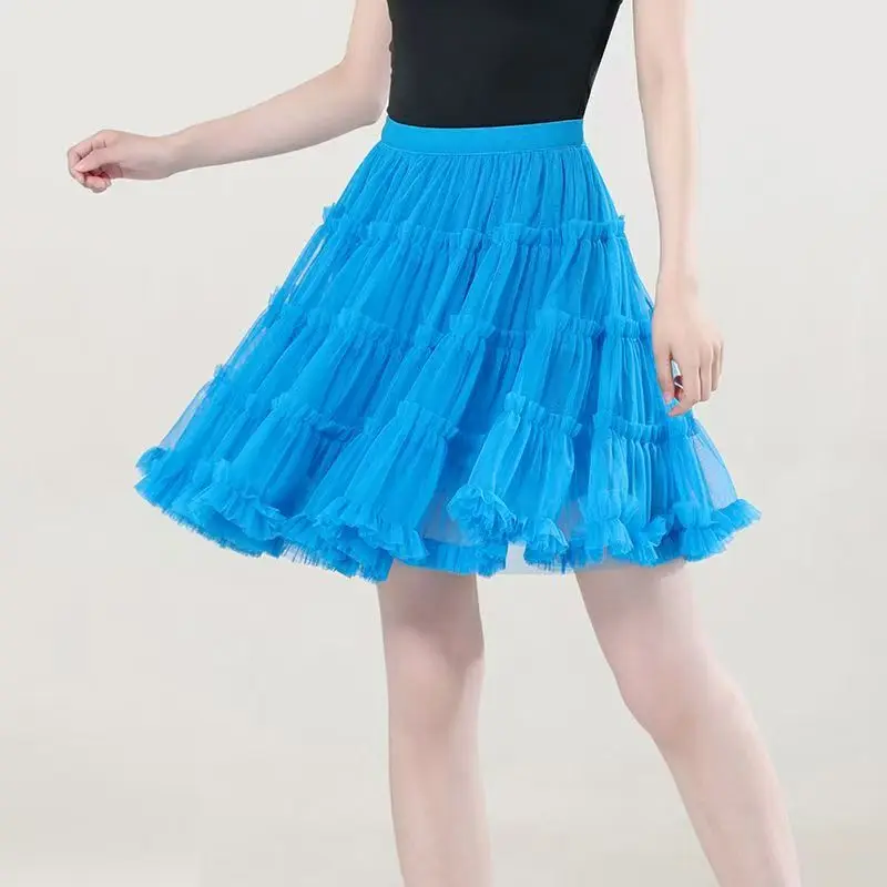 Pleated Mesh Tutu Tulle Skirt Women Summer High Waist Solid Color Ruffle Party Dance Short Mini Skirt Cake