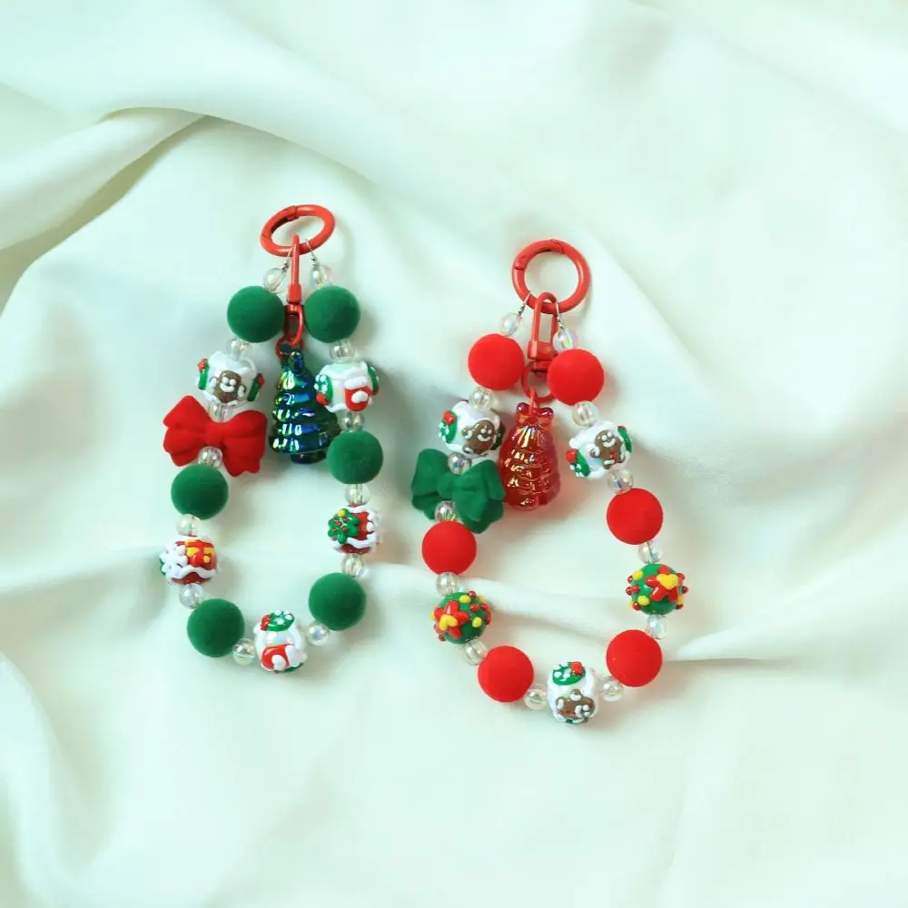 Santa Claus Plush Beads Keychain Flocked Bowknot Christmas Tree Plush Beads Keyring Bracelet Lovely Beaded Cell Phone Lanyard