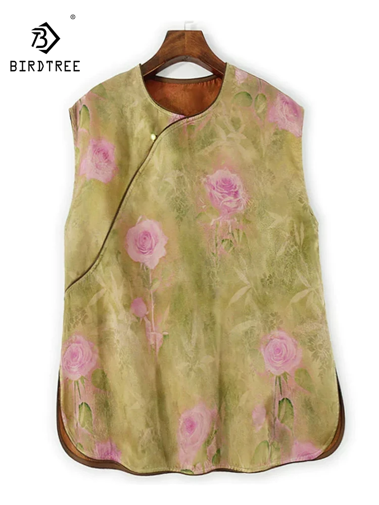 

BirdTree-35MM Silk Watered Gauze Elegant Vest, Women Stand Sleeveless Floral, Retro Commute Loose Tank Top, 2025 Summer T56029CC