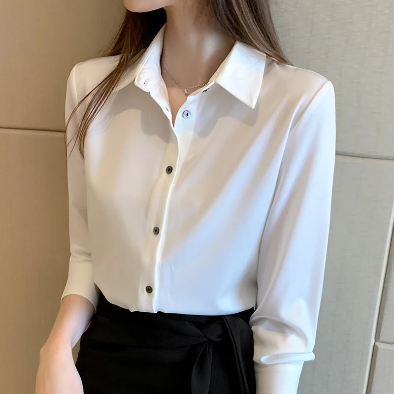 Elegant Satin Blouses Women 2023 Suit Shirts Office Lady Work Wear Shirts Green White Tops Femme Blusas Long Sleeve Clothings