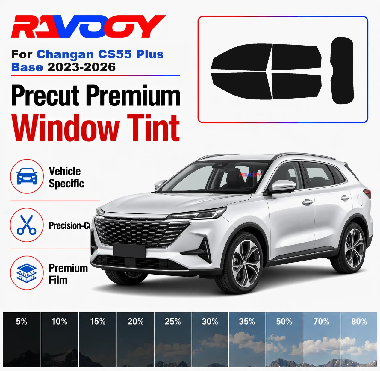 Premium Precut Window Tint Kit Front Windows Rear Windows Rear Windshield For Changan CS55 Plus Base 2023-2026 Nano Ceramic Film