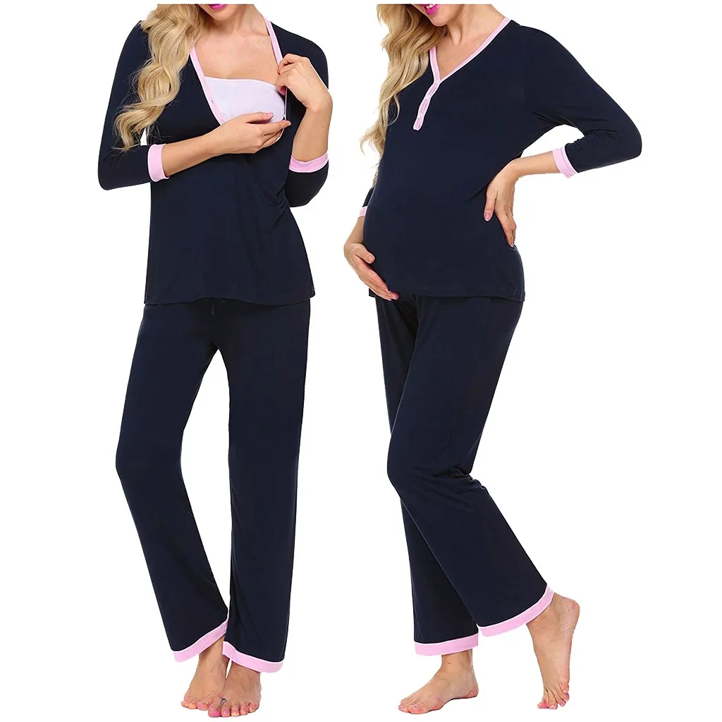 

Winter Women's Breast Feeding Nightwear Maternity Long Sleeve Nursing Baby Tops T-shirt+Cropped Trousers Comfortable Nursing Set