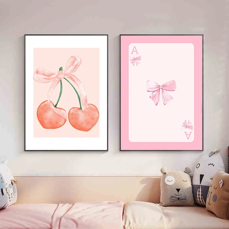 Watercolor Pink Bows Canvas Painting Wall Art Cherry Disco Ball Zebra Poster Print Picture Preppy Girl Room Home Decor Cuadros