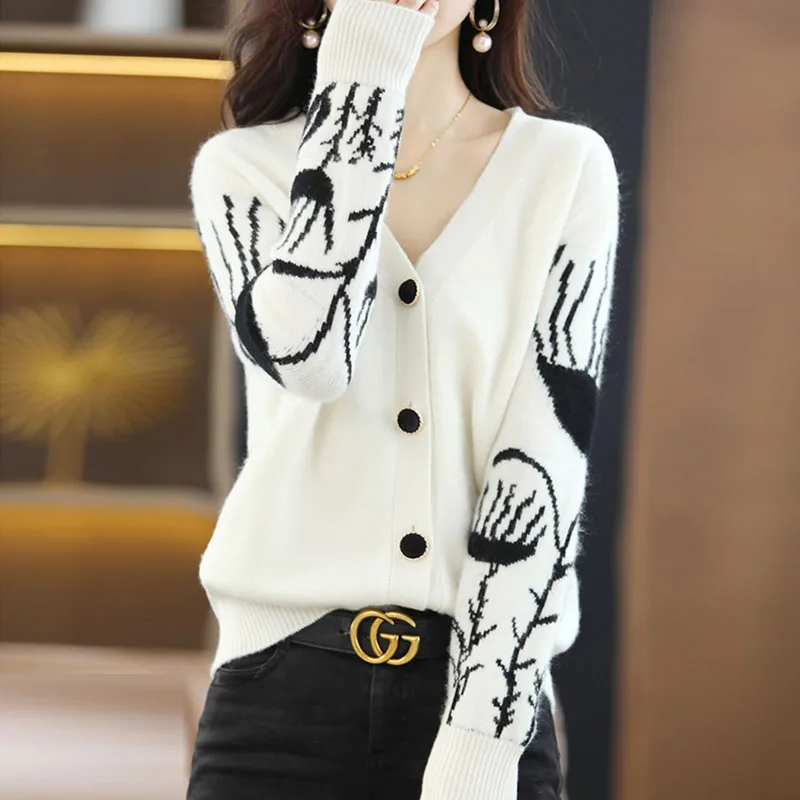 여성용 니트 스웨터 여성 가디건 브이넥 자카드 니트 스웨터 가디건 여성 상의 신상 긴팔 니트웨어 Q2624