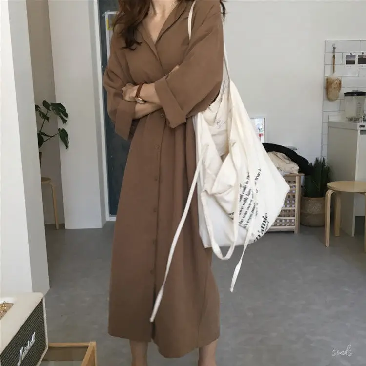 Shirt Dress For Women Harajuku Aesthetic Vintage Clothes Woman Korean Fashion Maxi Robe  Casual Dresses Long Brownblack