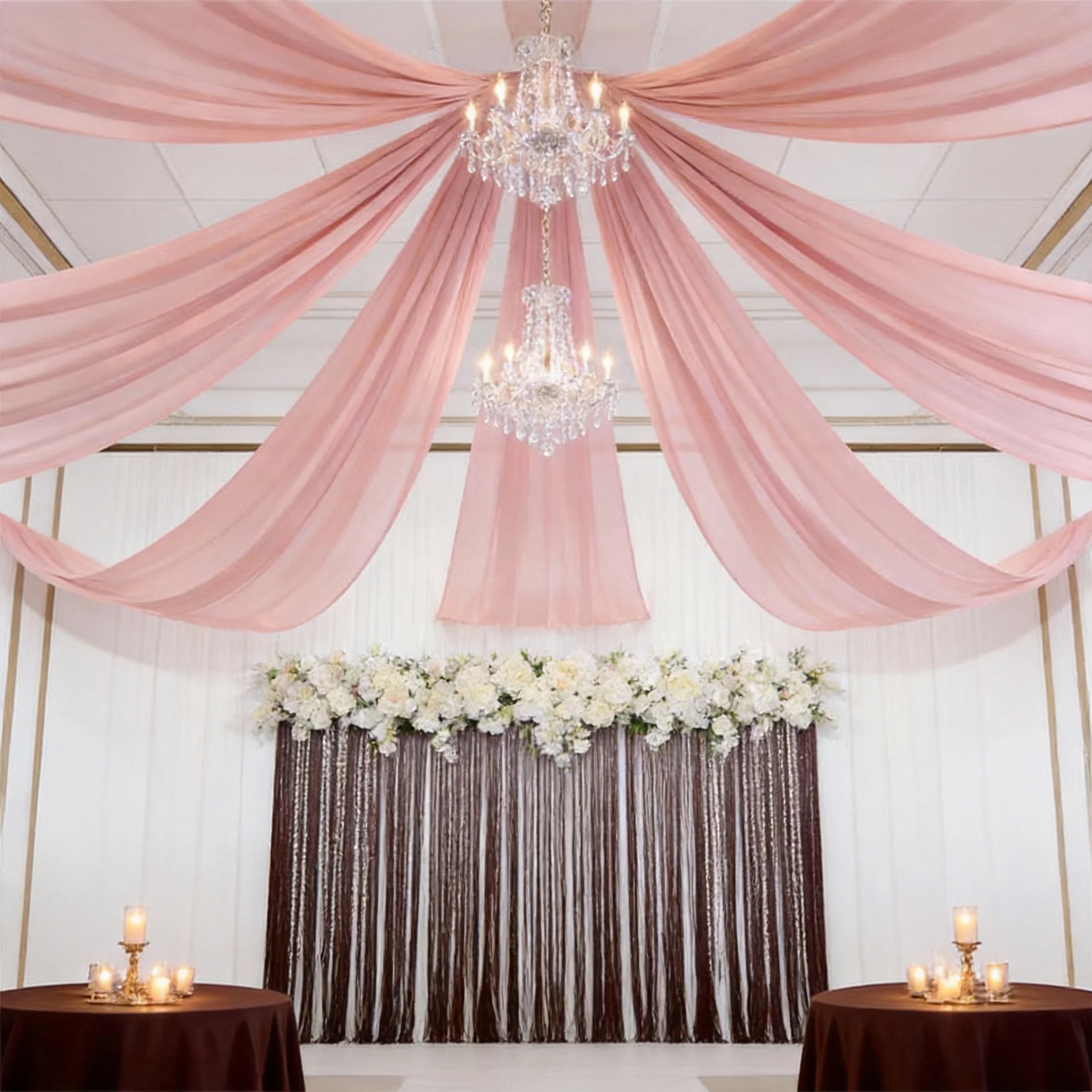 

18 шт. - Драпировки из шифона цвета пыльной розы 5x10 футов для свадебных торжеств – Декоративные занавески для потолка длиной 10 футов для декора шатров и мероприятий