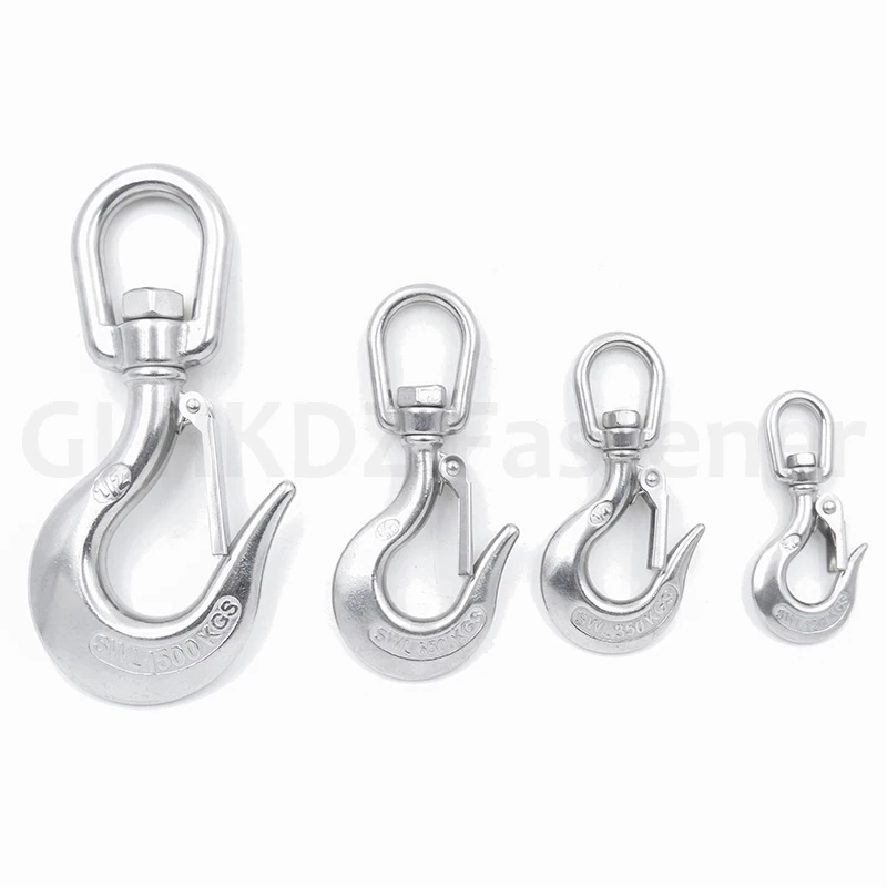 0.15T-2T 304 Stainless Steel Cargo Hook Heavy Duty Swivel Lifting Hook Anti-off Lifting Cargo Hook Safety Hook Rigging Accessory