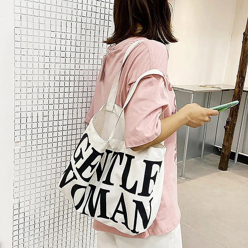 Creative Korean Style Fashion Canvas Tote Bag Casual Shoulder Bag Slogan English Letter Simple Large Capacity Crossbody Bag