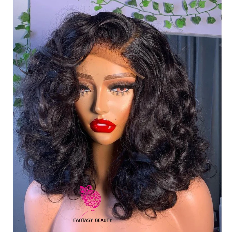 Short Bob Loose Deep Wave Natural Synthetic Hair 13x4 Lace Front Wigs Glueless High Temperature Fiber Synthetic Transparent Lace