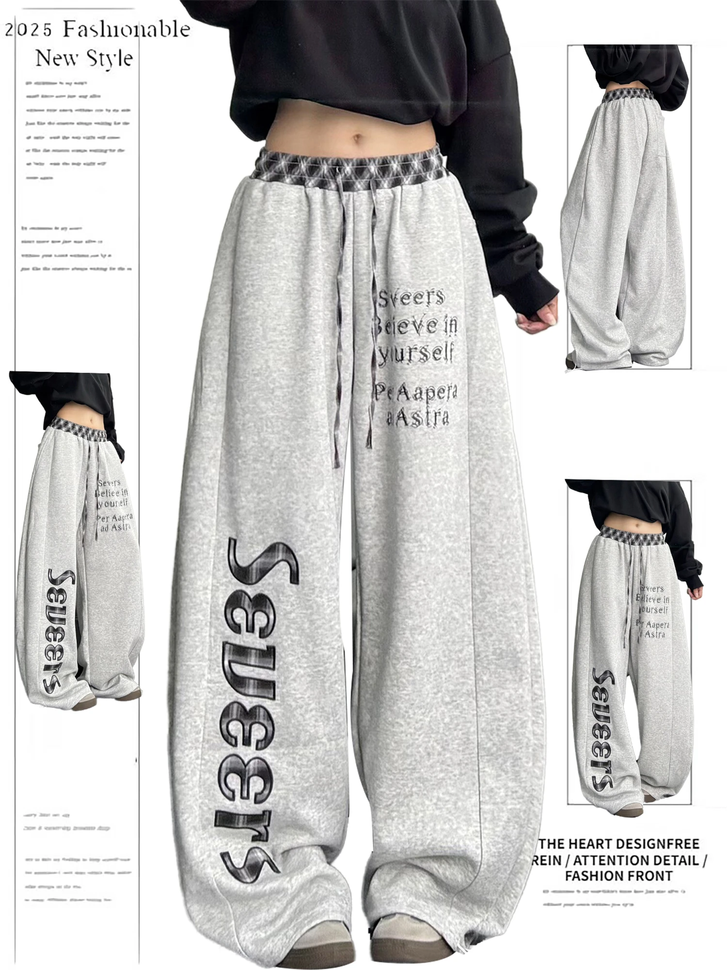 Y2K Women's New Style Sweatpants Plaid Waist Drawstring Letter Print Seveers Graphic Baggy Wide Leg Casual Streetwear Trousers