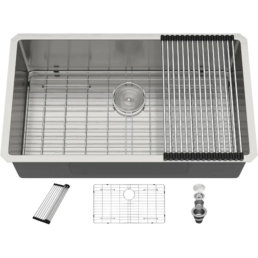 

32-дюймовая кухонная мойка Undermount, 16 калибров, ручная сварка, нержавеющая сталь 304, классическая матовая большая кухонная мойка с одной чашей и R